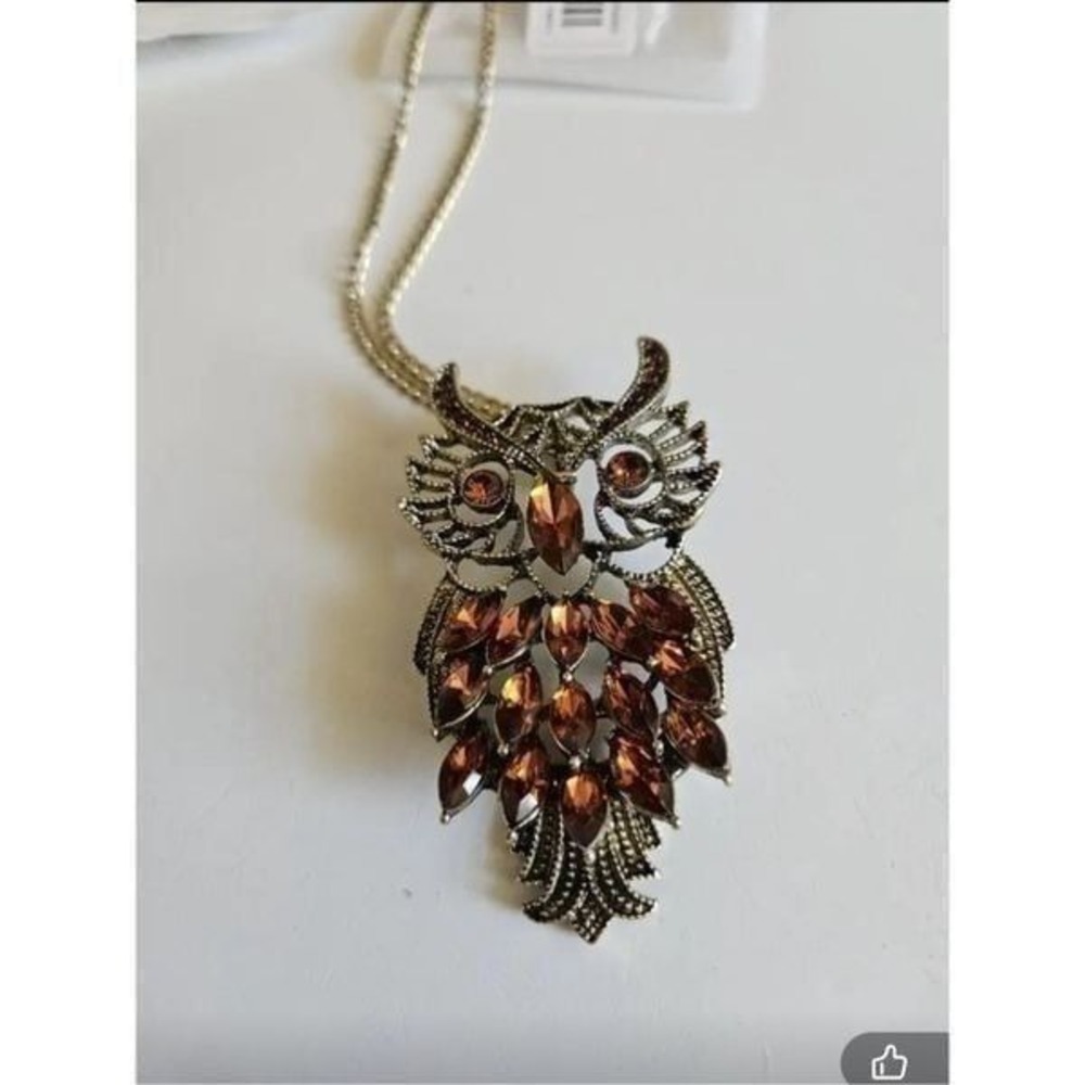 Vintage Style Boho Owl Necklace Long Chain Amber Rhinestone Pendant Jewelry Gift - Picture 10 of 12